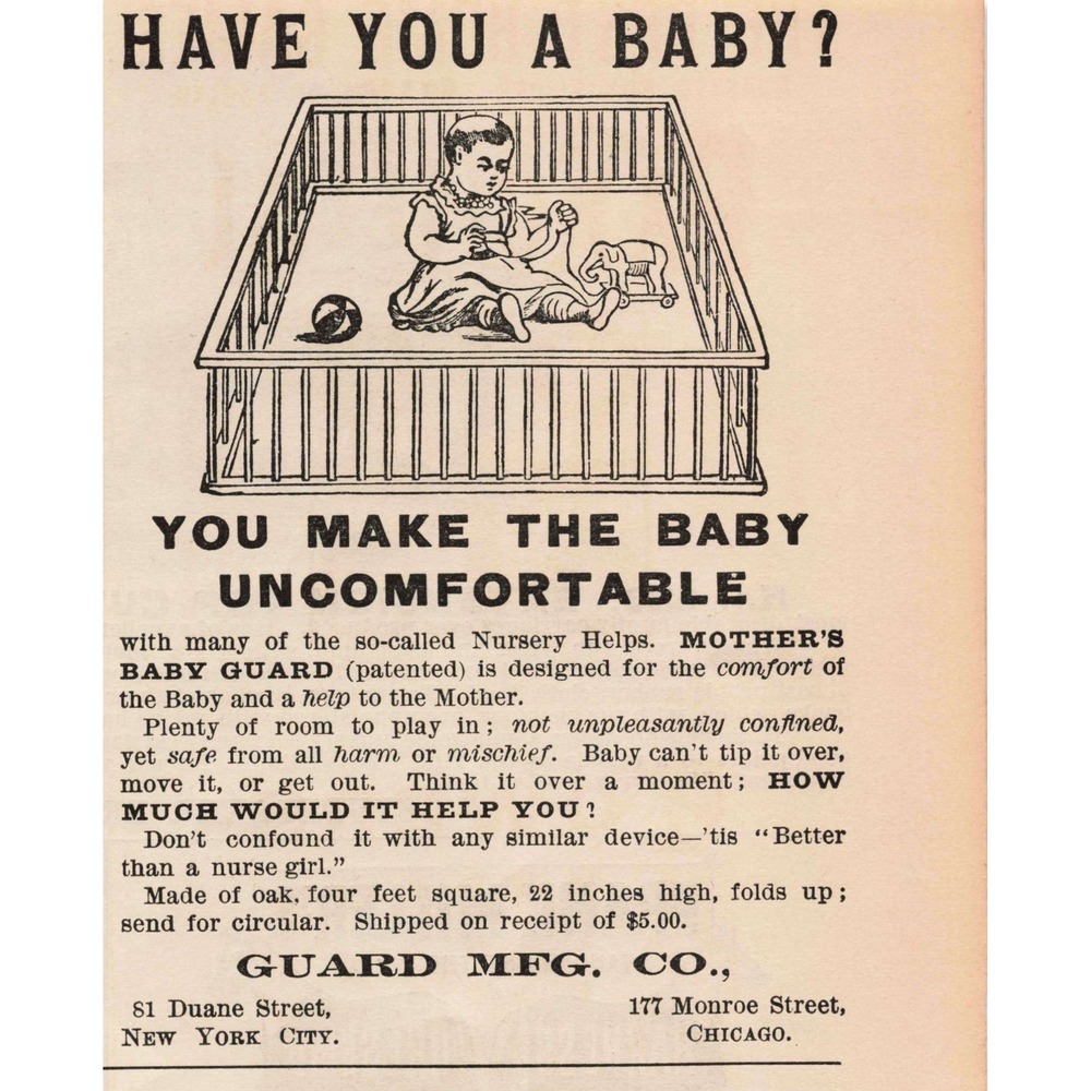 1891‎ Guard MFG CO Baby Playpen Oak 4ft Square 22in High Folds Up Print Ad